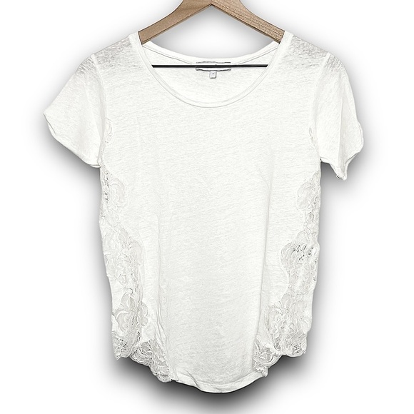*SANDRO Ivory Linen Scallop Floral Lace Panel Short Cuff Sleeve Scoop Neck Top S - Picture 1 of 6
